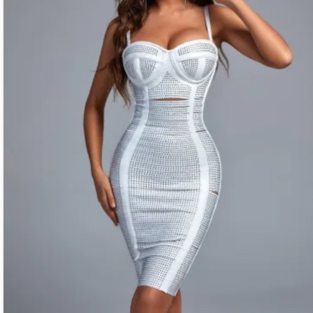 Elegant Bella Barnett White Bodycon Cut Out Dress